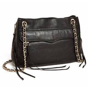 Black Leather Rebecca Minkoff Swing Shoulder Bag with Gold Straps.